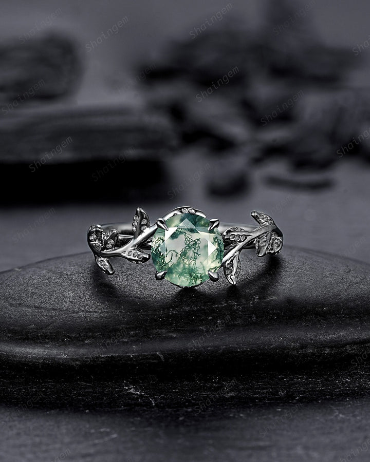 Black Gold Round Shape Moss Agate Solitaire Engagement Ring, Rhodium Black Leaf Nature Inspired Promise Ring, Gothic Anniversary Gift - ShainJewelry