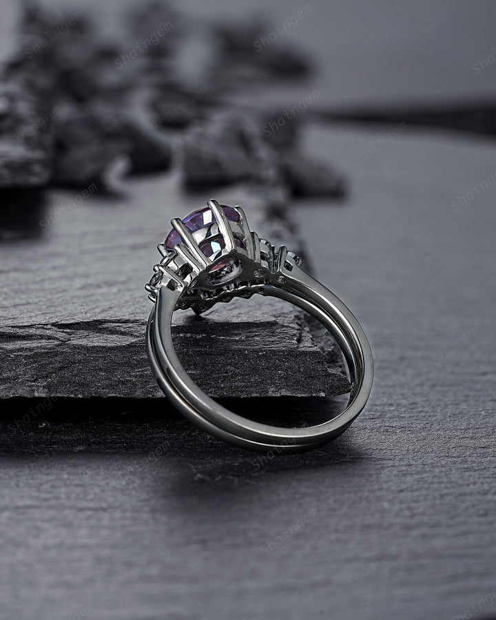 Vintage Black Gold Round Cut Alexandrite Engagement Ring, Rhodium Black Color Changing Stone Wedding Ring, Gothic Bridal Set Promise Ring - ShainJewelry