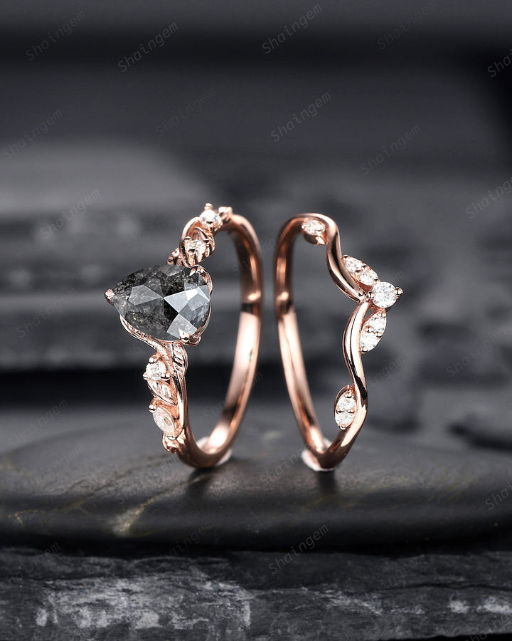Pear Shape Salt and Pepper Diamond Vine Engagement Ring Set, Rose Gold Natural Black Diamond Twig Branch Promise Ring, Leaf Anniversary Ring - ShainJewelry