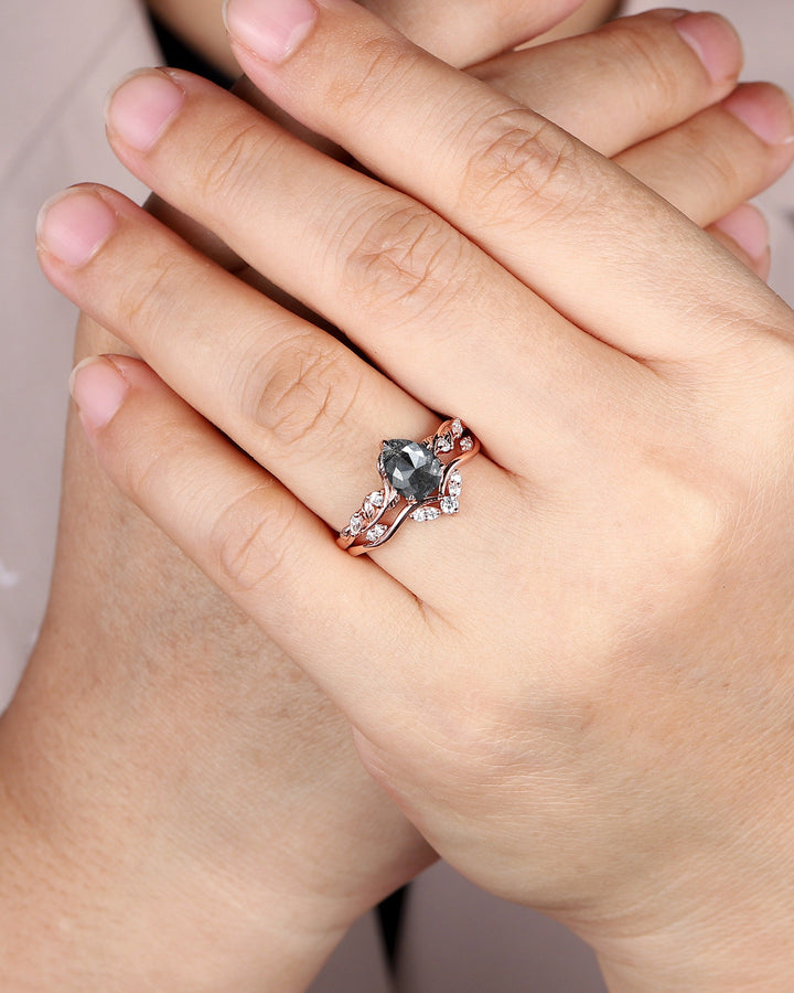Pear Shape Salt and Pepper Diamond Vine Engagement Ring Set, Rose Gold Natural Black Diamond Twig Branch Promise Ring, Leaf Anniversary Ring - ShainJewelry