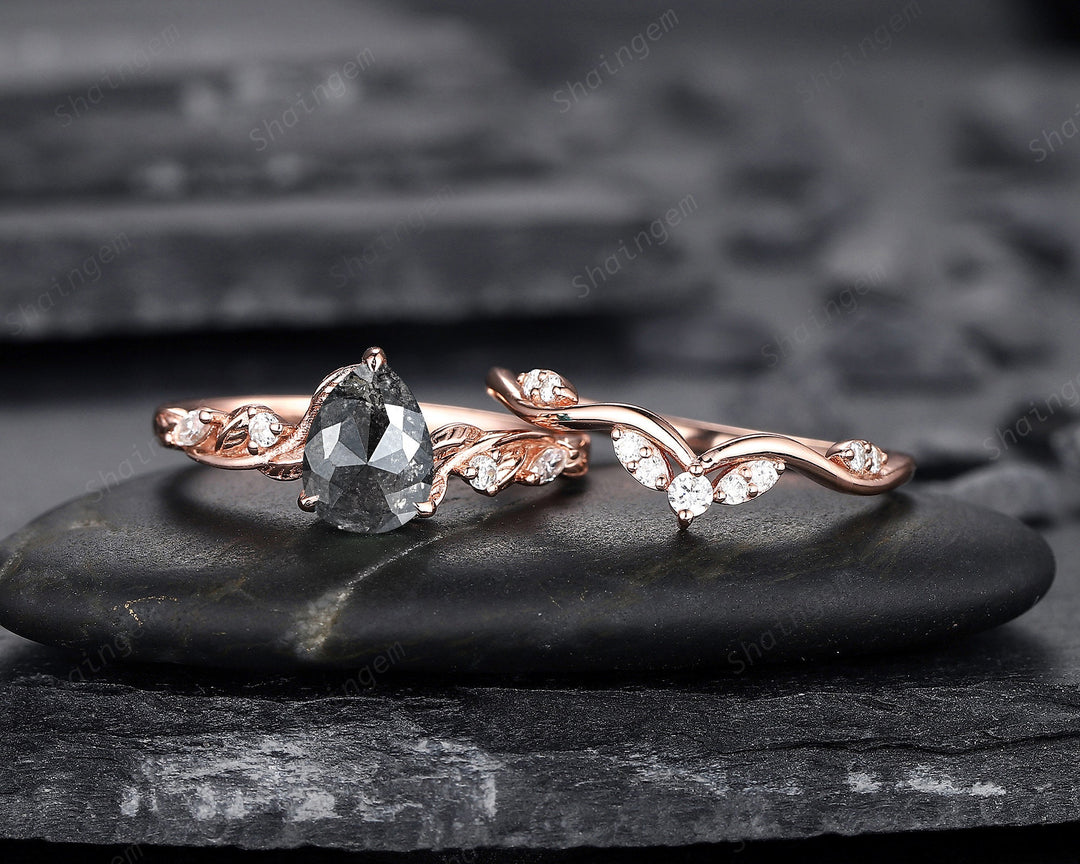 Pear Shape Salt and Pepper Diamond Vine Engagement Ring Set, Rose Gold Natural Black Diamond Twig Branch Promise Ring, Leaf Anniversary Ring - ShainJewelry