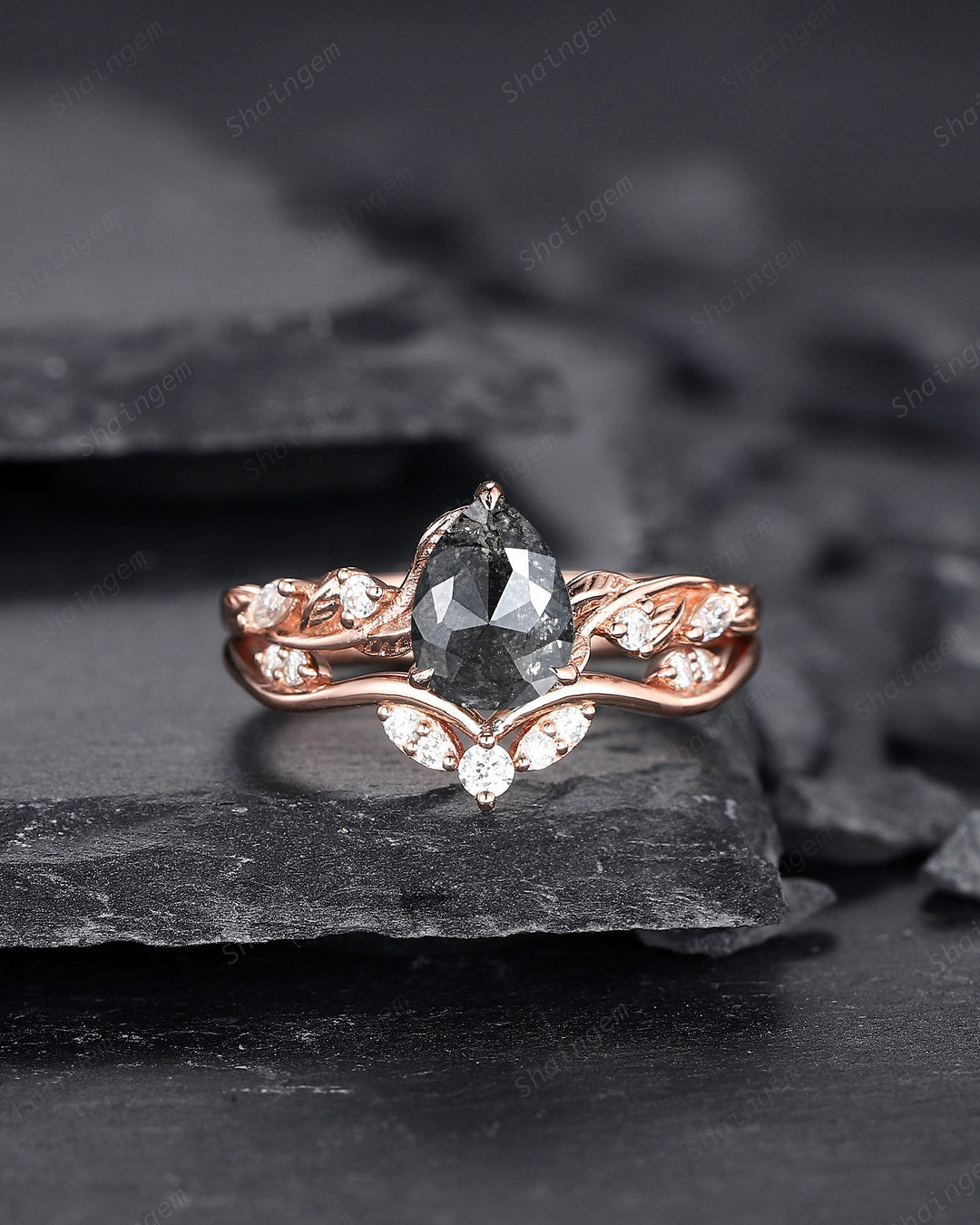 Pear Shape Salt and Pepper Diamond Vine Engagement Ring Set, Rose Gold Natural Black Diamond Twig Branch Promise Ring, Leaf Anniversary Ring - ShainJewelry