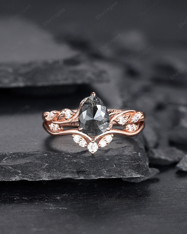 Pear Shape Salt and Pepper Diamond Vine Engagement Ring Set, Rose Gold Natural Black Diamond Twig Branch Promise Ring, Leaf Anniversary Ring - ShainJewelry