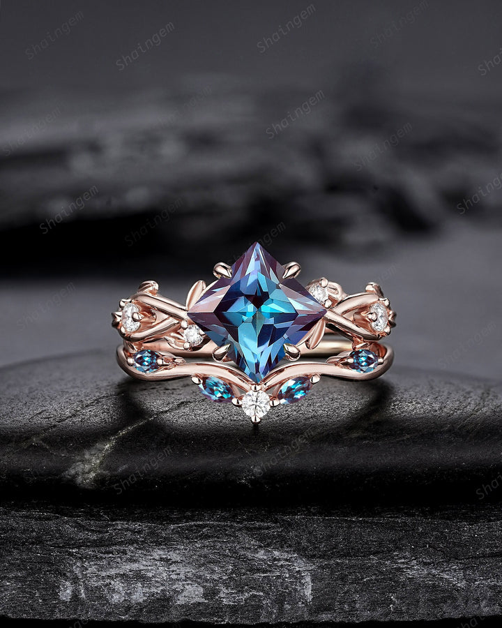 Princess Cut Alexandrite Engagement Ring Set, 14K Rose Gold June Birthstone Leaf Promise Ring, Nature Inspired Twig Branch Vine Wedding Set - ShainJewelry