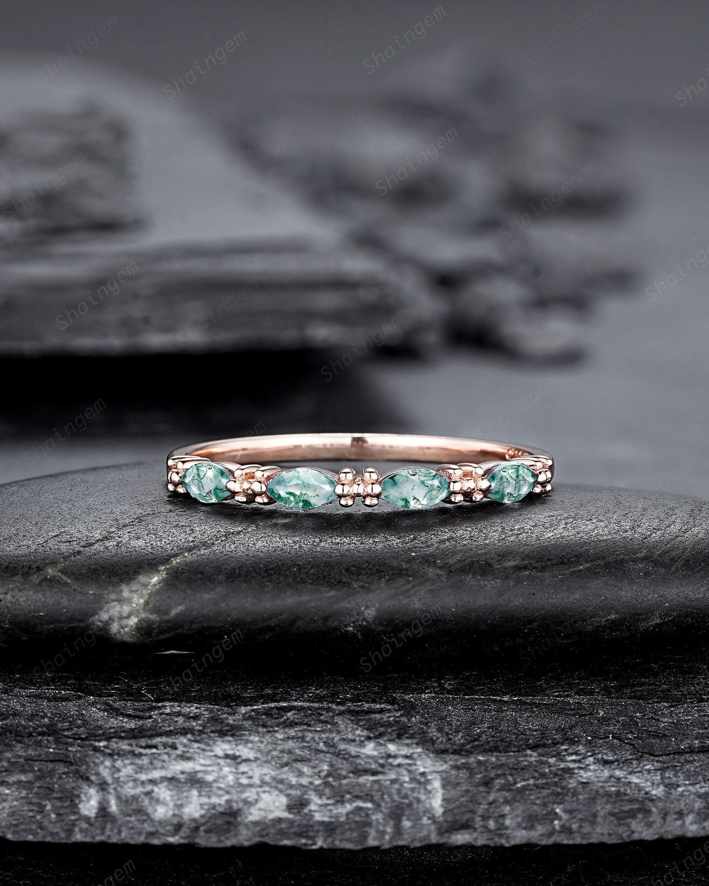 Vintage Marquise Moss Agate Wedding Band, Half Eternity Engagement Ring, Four Stone Matching Band, Nature Inspired Promise Ring Gift for her - ShainJewelry