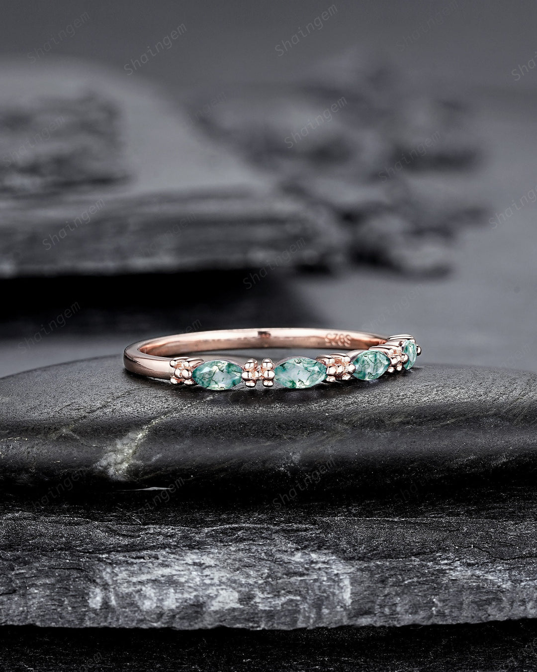 Vintage Marquise Moss Agate Wedding Band, Half Eternity Engagement Ring, Four Stone Matching Band, Nature Inspired Promise Ring Gift for her - ShainJewelry