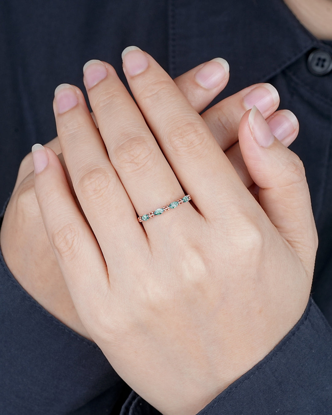 Vintage Marquise Moss Agate Wedding Band, Half Eternity Engagement Ring, Four Stone Matching Band, Nature Inspired Promise Ring Gift for her - ShainJewelry