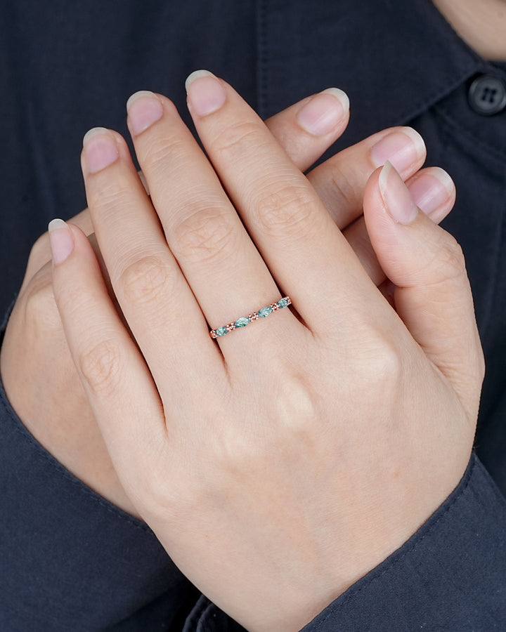 Vintage Marquise Moss Agate Wedding Band, Half Eternity Engagement Ring, Four Stone Matching Band, Nature Inspired Promise Ring Gift for her - ShainJewelry