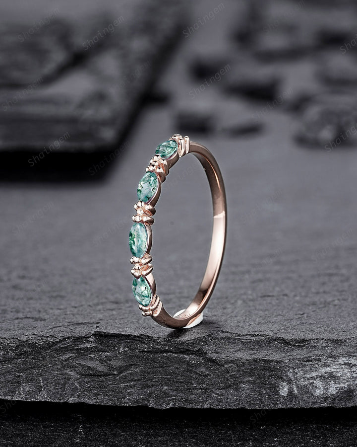 Vintage Marquise Moss Agate Wedding Band, Half Eternity Engagement Ring, Four Stone Matching Band, Nature Inspired Promise Ring Gift for her - ShainJewelry