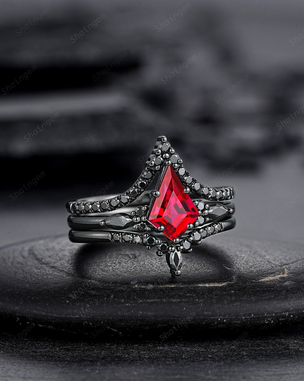 3PCS Gothic Kite Cut Ruby Black Engagement Ring Set, Black Gold Ruby Promise Ring, Vintage Rhodium Black Ruby Wedding Ring Gift for Women - ShainJewelry