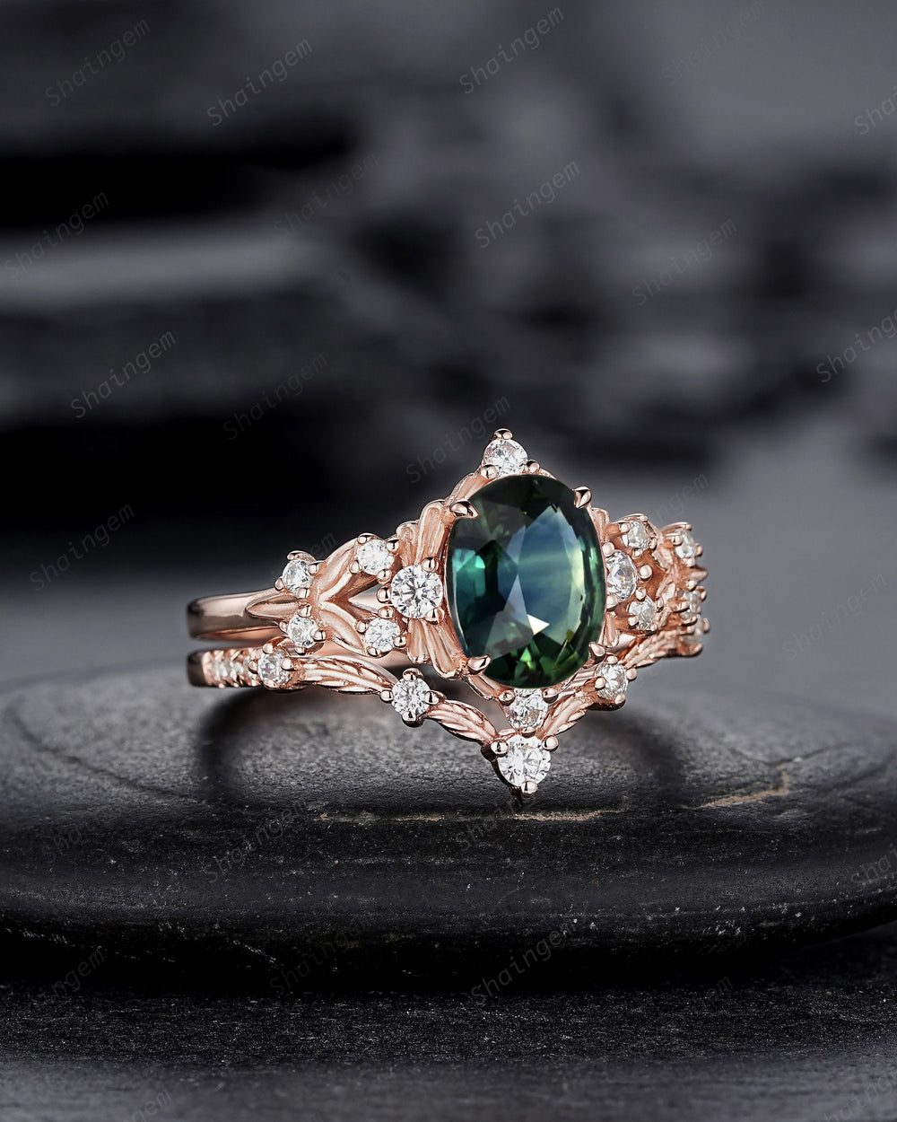 Vintage Natural Teal Sapphire and Diamond Engagement Ring Set, 14K 18K Rose Gold Oval Shape Sapphire Promise Ring, Nature Inspired Leaf Ring - ShainJewelry
