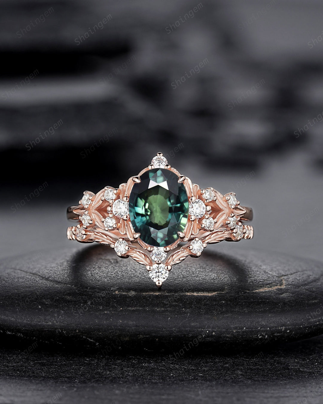 Vintage Natural Teal Sapphire and Diamond Engagement Ring Set, 14K 18K Rose Gold Oval Shape Sapphire Promise Ring, Nature Inspired Leaf Ring - ShainJewelry