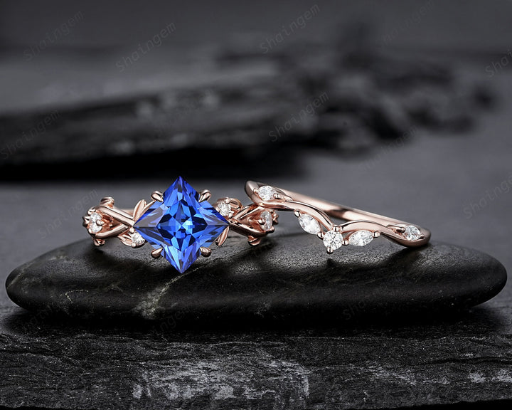 Princess Cut Cornflower Blue Sapphire Engagement Ring Set, 14K Rose Gold Leaf Promise Ring, Nature Inspired Twig Branch Vine Wedding Set - ShainJewelry