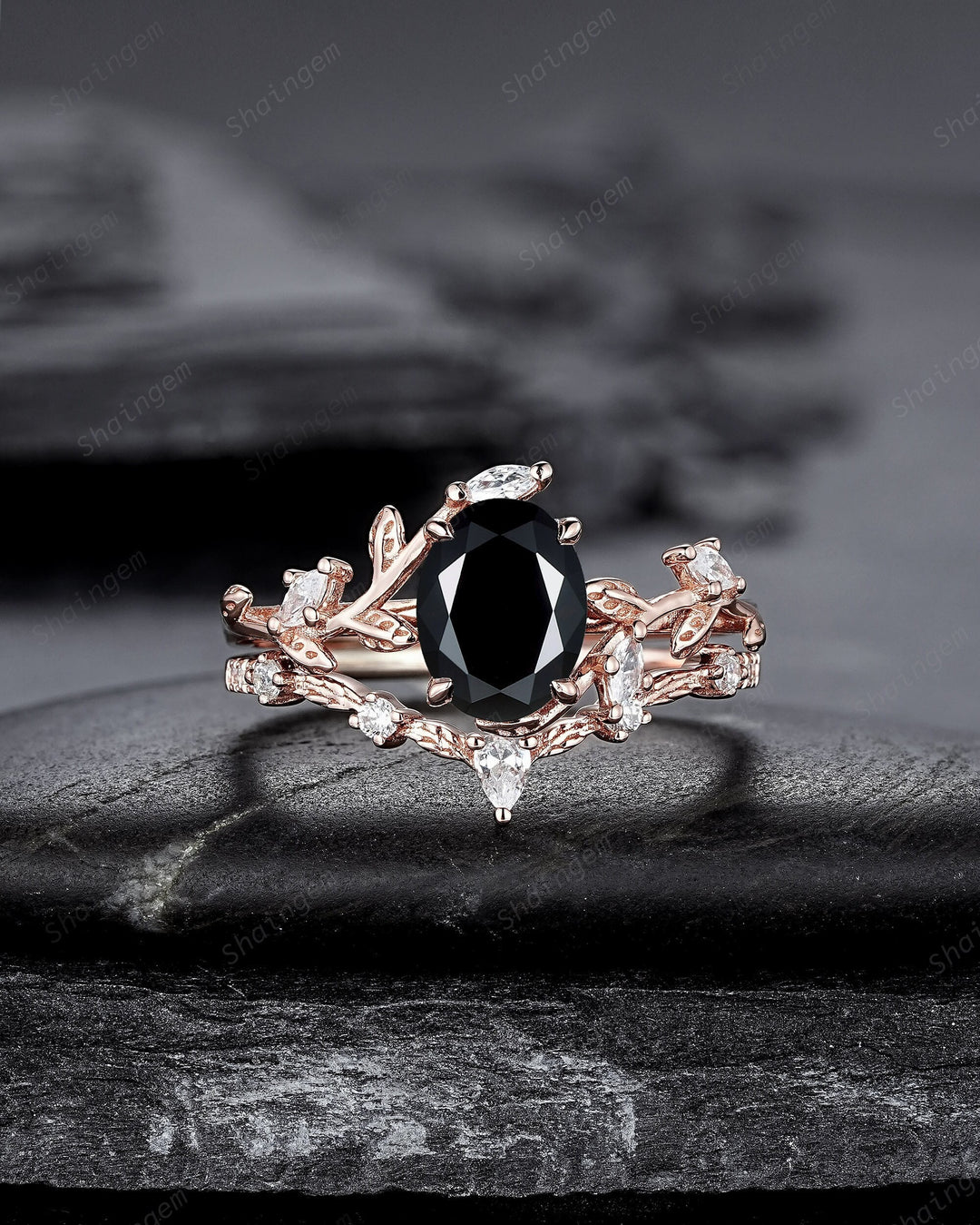Oval Shape Black Moissanite and Diamond Engagement Ring Set, Rose Gold Twig Branch Wedding Ring, Nature Inspired Promise Ring Gift for Women - ShainJewelry