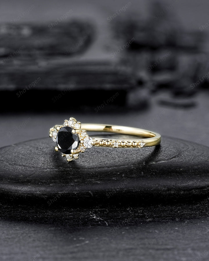 0.5 CT Natural Black Diamond Engagement Ring ,Round Shape 14K 18K Yellow Gold Halo Promise Ring, Black Diamond Wedding Anniversary Ring Gift - ShainJewelry