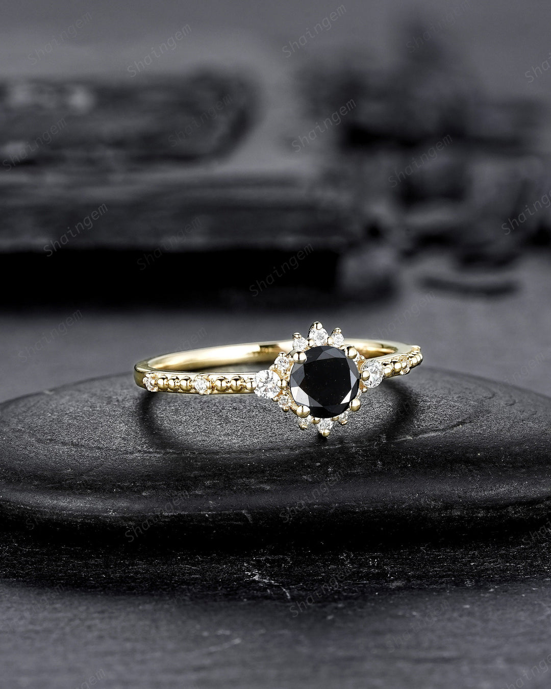 0.5 CT Natural Black Diamond Engagement Ring ,Round Shape 14K 18K Yellow Gold Halo Promise Ring, Black Diamond Wedding Anniversary Ring Gift - ShainJewelry