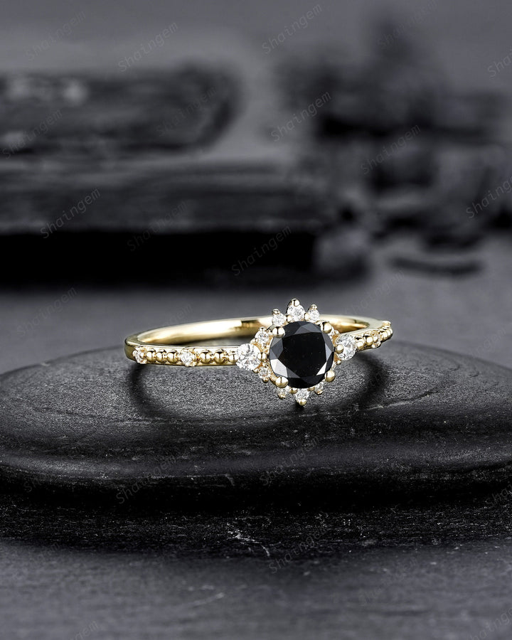 0.5 CT Natural Black Diamond Engagement Ring ,Round Shape 14K 18K Yellow Gold Halo Promise Ring, Black Diamond Wedding Anniversary Ring Gift - ShainJewelry