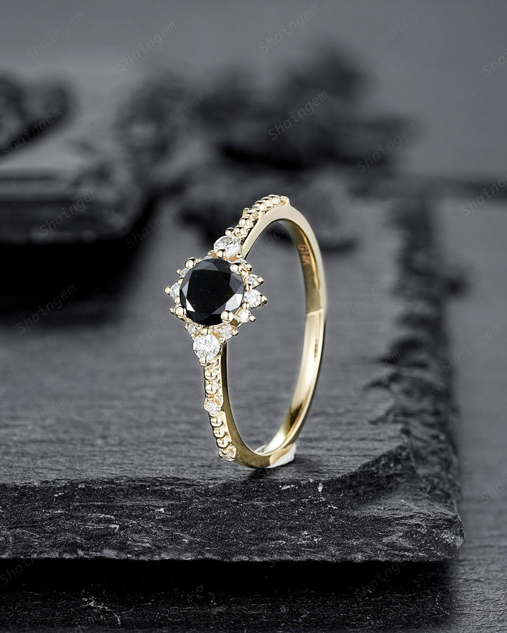 0.5 CT Natural Black Diamond Engagement Ring ,Round Shape 14K 18K Yellow Gold Halo Promise Ring, Black Diamond Wedding Anniversary Ring Gift - ShainJewelry