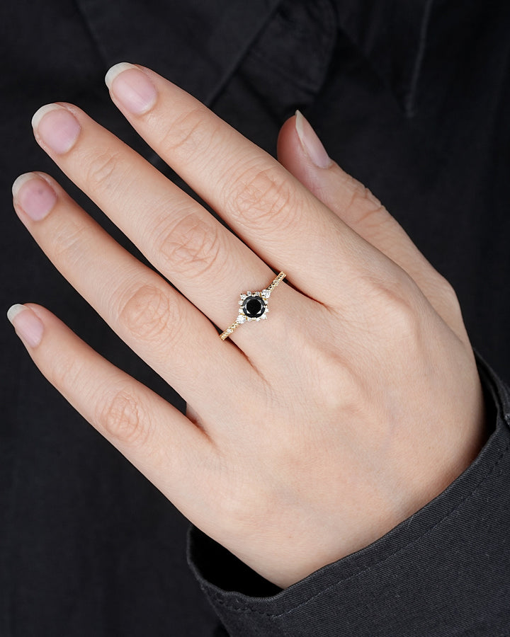0.5 CT Natural Black Diamond Engagement Ring ,Round Shape 14K 18K Yellow Gold Halo Promise Ring, Black Diamond Wedding Anniversary Ring Gift - ShainJewelry