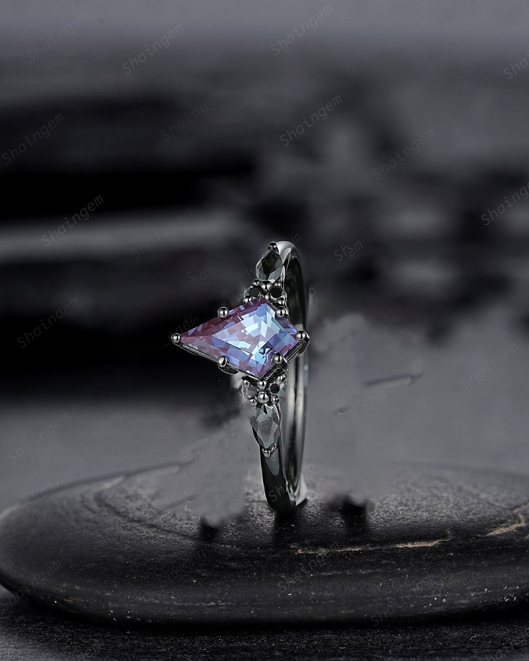 Black Gold Kite Shape Alexandrite Bridal Set, Dark Wedding Witchy Ring, Gothic Rhodium Black Alexandrite Engagement Ring Gift for Women - ShainJewelry