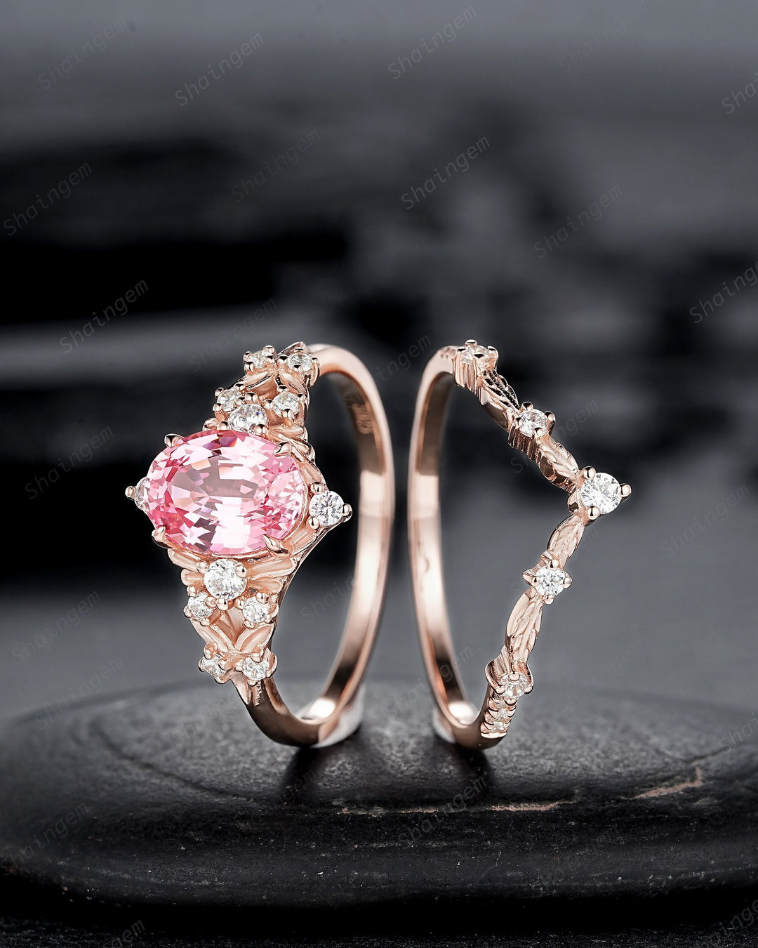 Vintage Oval Shape Padparadscha Pink Sapphire Floral Engagement Ring, Rose Gold Sapphire Wedding Set, Nature Inspired Flower Promise Ring - ShainJewelry