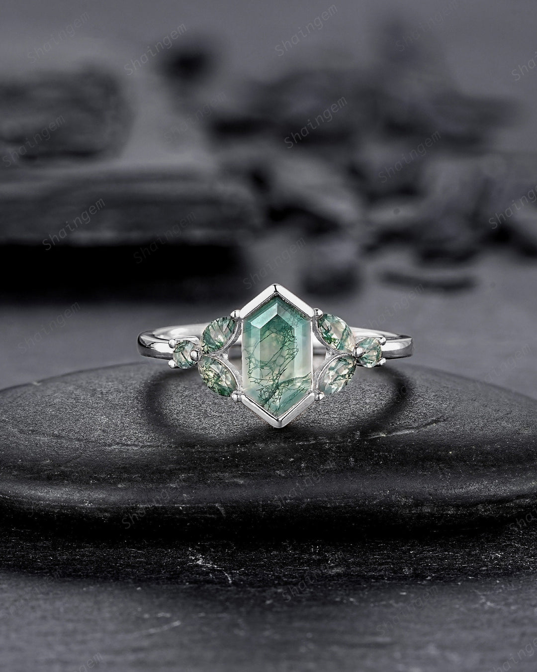 Vintage Hexagon Cut Cluster Moss Agate Engagement Ring, Silver Moss Agate Promise Ring, 14K Rose Gold Wedding Ring Anniversary Gift for her - ShainJewelry