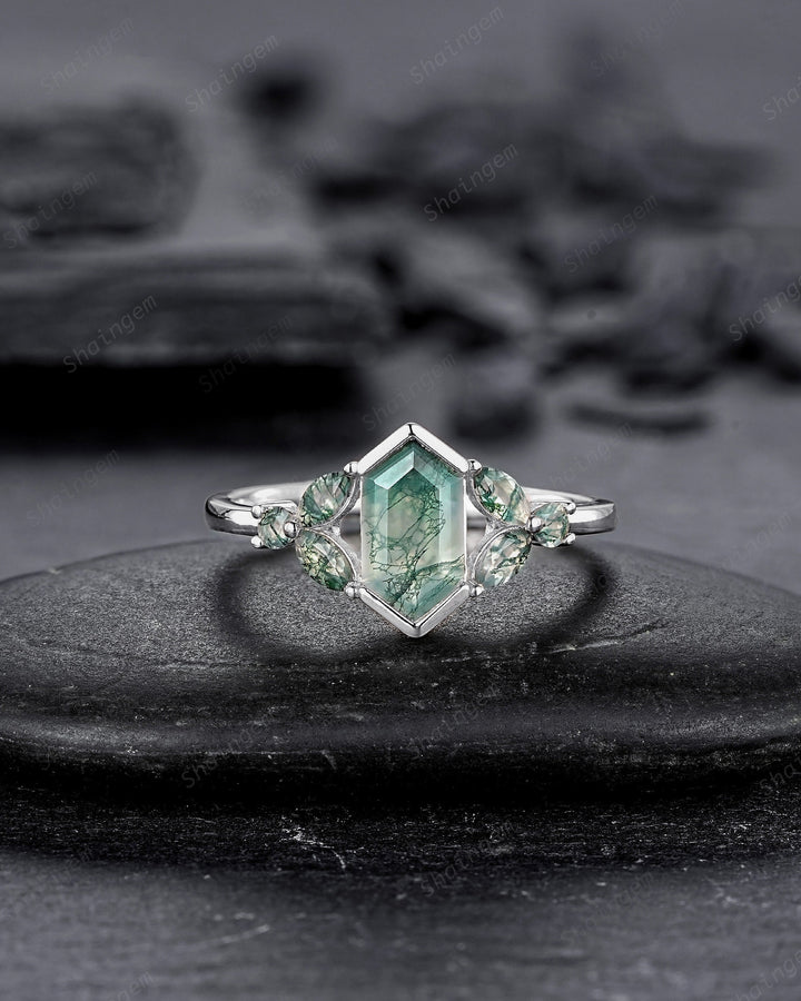 Vintage Hexagon Cut Cluster Moss Agate Engagement Ring, Silver Moss Agate Promise Ring, 14K Rose Gold Wedding Ring Anniversary Gift for her - ShainJewelry