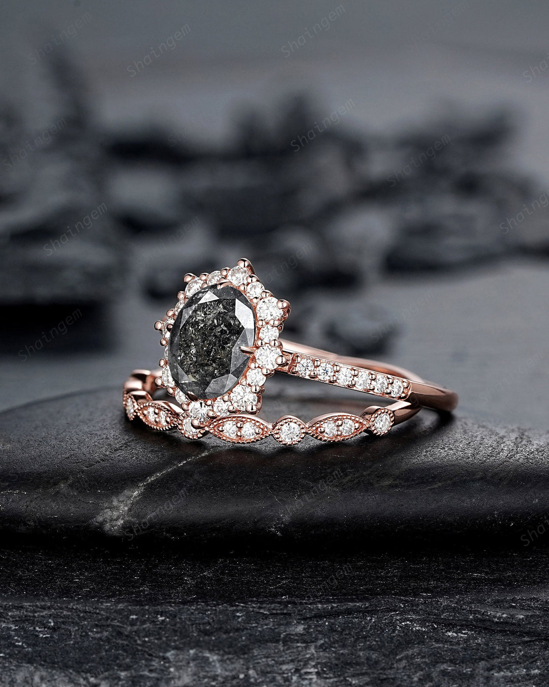 Natural Salt and Pepper Diamond Engagement Ring Set, Gray Diamond Floral Halo Promise Ring, Rose Gold Oval Shape Black Diamond Wedding Ring - ShainJewelry