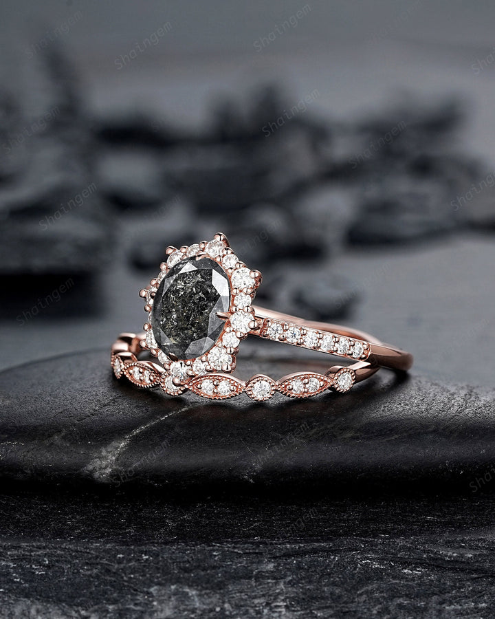 Natural Salt and Pepper Diamond Engagement Ring Set, Gray Diamond Floral Halo Promise Ring, Rose Gold Oval Shape Black Diamond Wedding Ring - ShainJewelry