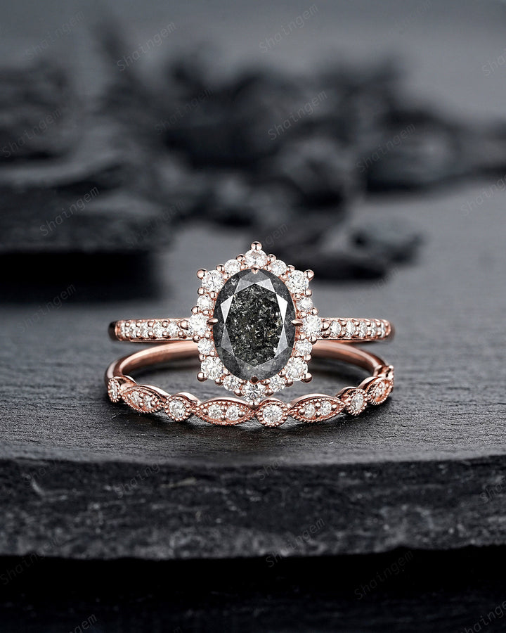 Natural Salt and Pepper Diamond Engagement Ring Set, Gray Diamond Floral Halo Promise Ring, Rose Gold Oval Shape Black Diamond Wedding Ring - ShainJewelry