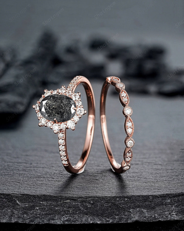 Natural Salt and Pepper Diamond Engagement Ring Set, Gray Diamond Floral Halo Promise Ring, Rose Gold Oval Shape Black Diamond Wedding Ring - ShainJewelry
