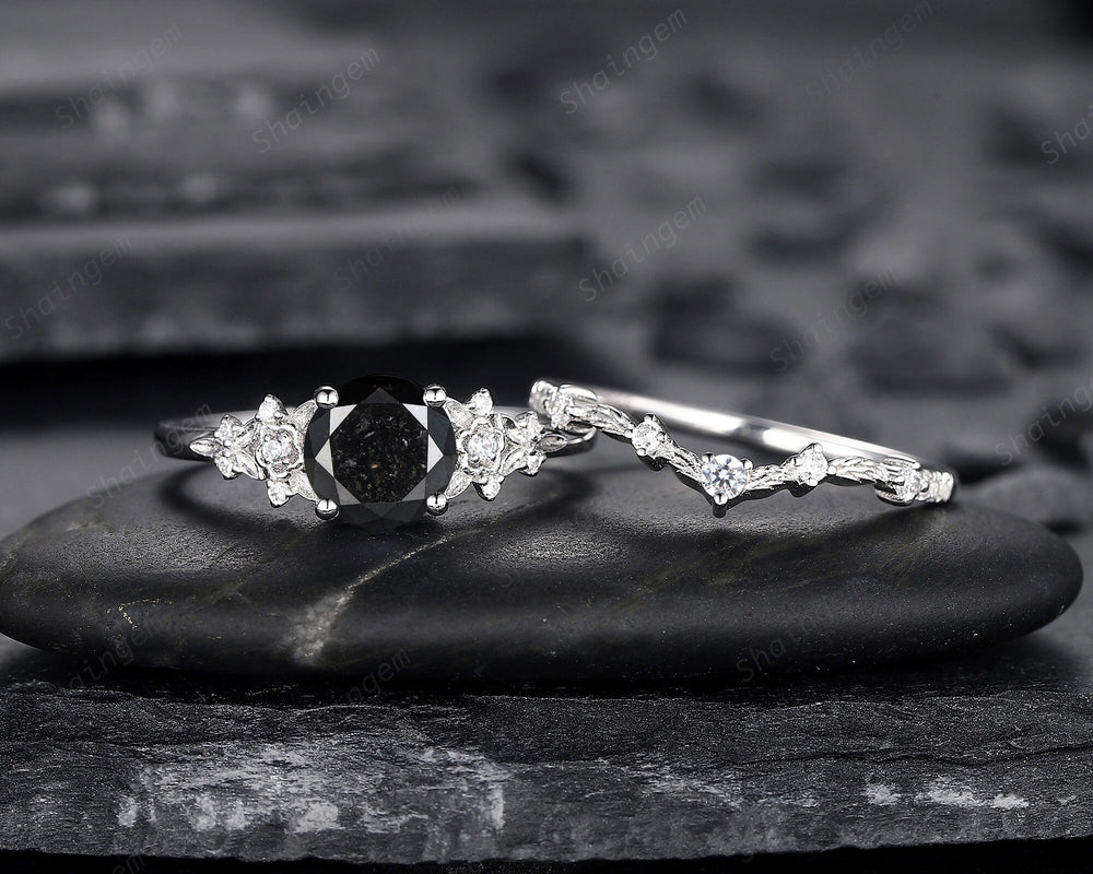1.5 CT Round Shape Black Diamond Floral Engagement Ring Set, White Gold Black Diamond Promise Ring, Flower Wedding Anniversary Ring for her - ShainJewelry