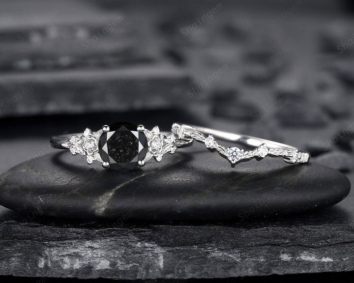 1.5 CT Round Shape Black Diamond Floral Engagement Ring Set, White Gold Black Diamond Promise Ring, Flower Wedding Anniversary Ring for her - ShainJewelry