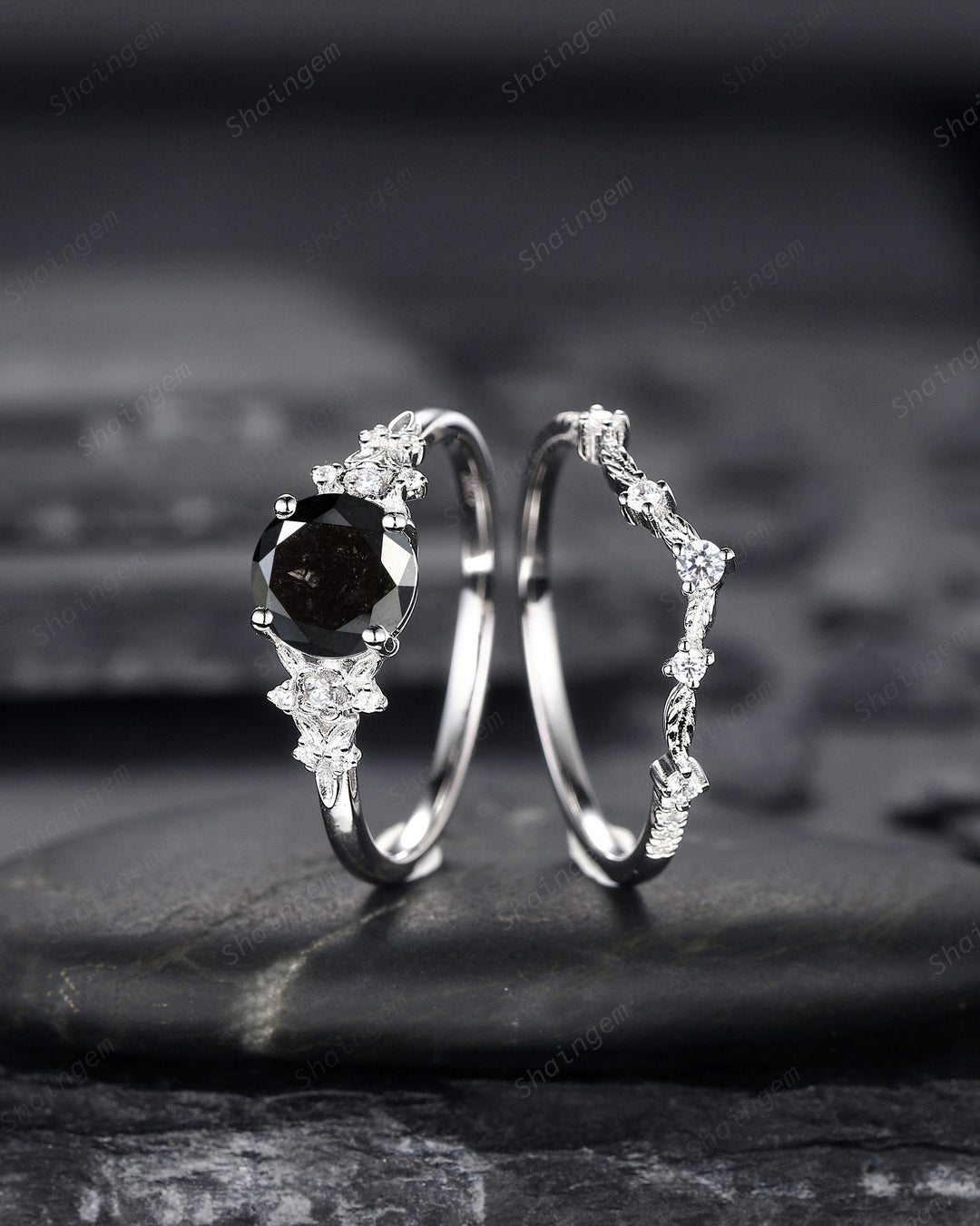 1.5 CT Round Shape Black Diamond Floral Engagement Ring Set, White Gold Black Diamond Promise Ring, Flower Wedding Anniversary Ring for her - ShainJewelry