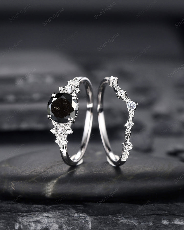 1.5 CT Round Shape Black Diamond Floral Engagement Ring Set, White Gold Black Diamond Promise Ring, Flower Wedding Anniversary Ring for her - ShainJewelry