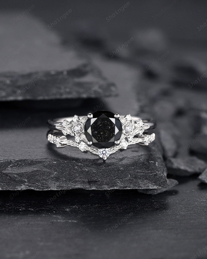 1.5 CT Round Shape Black Diamond Floral Engagement Ring Set, White Gold Black Diamond Promise Ring, Flower Wedding Anniversary Ring for her - ShainJewelry