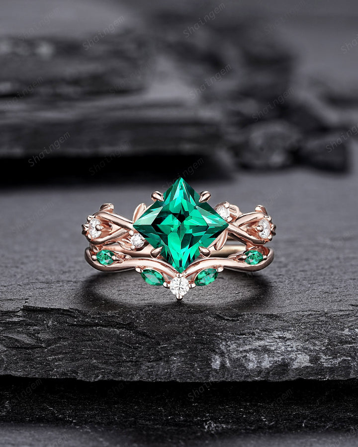 Princess Cut Emerald Engagement Ring Set, 14K Rose Gold May Birthstone Leaf Promise Ring, Nature Inspired Twig Branch Vine Wedding Set - ShainJewelry
