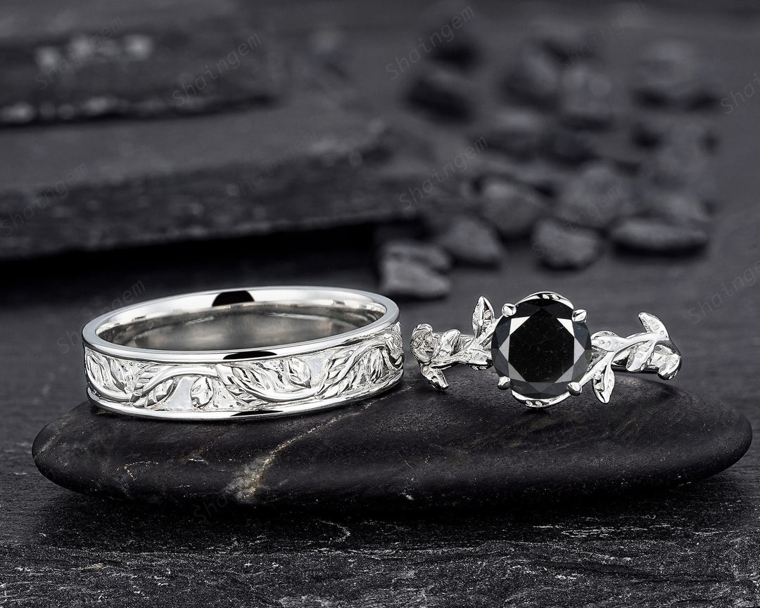 Platinum His and Hers Natural Black Diamond Engagement Ring, Men's Wedding Band, Women's Matching Band, 18K White Gold Leaf Couple Ring Set - ShainJewelry