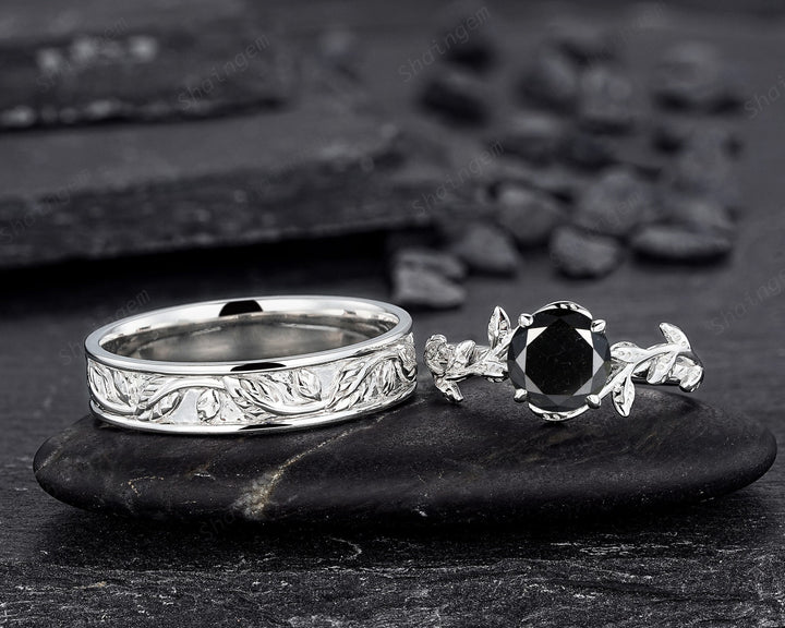 Platinum His and Hers Natural Black Diamond Engagement Ring, Men's Wedding Band, Women's Matching Band, 18K White Gold Leaf Couple Ring Set - ShainJewelry