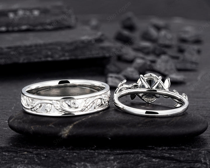 Platinum His and Hers Natural Black Diamond Engagement Ring, Men's Wedding Band, Women's Matching Band, 18K White Gold Leaf Couple Ring Set - ShainJewelry