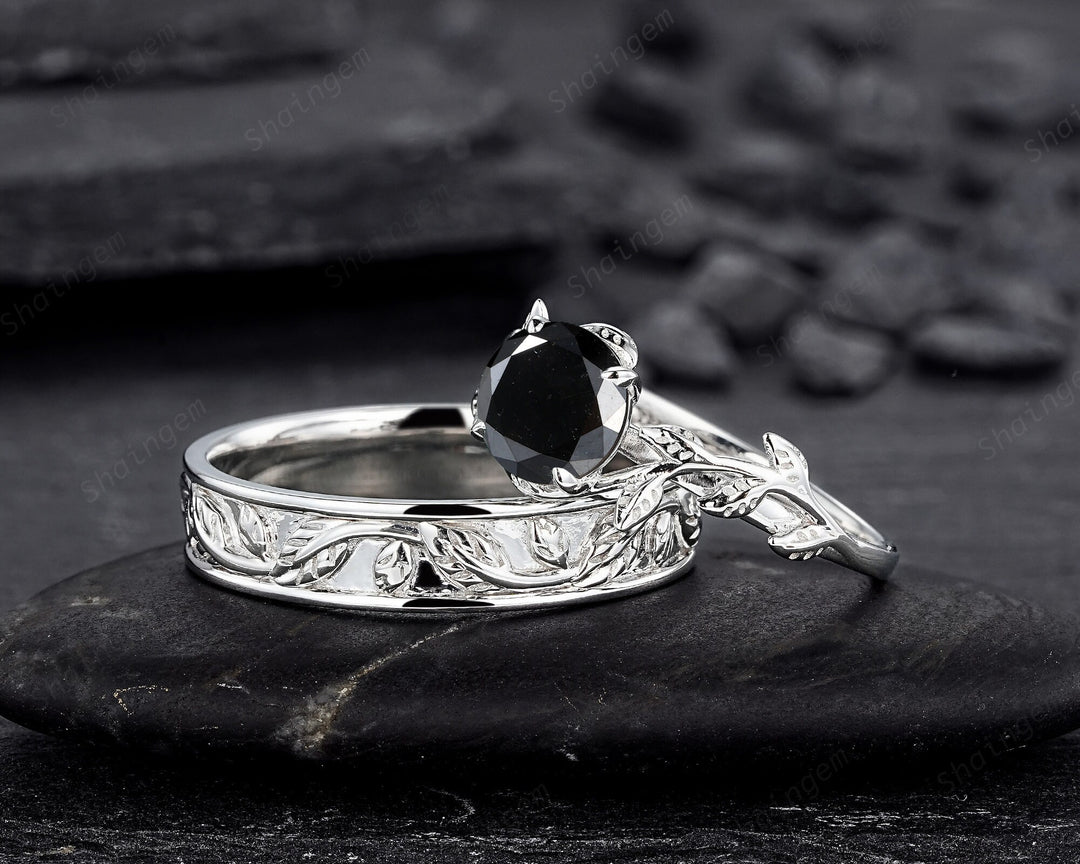 Platinum His and Hers Natural Black Diamond Engagement Ring, Men's Wedding Band, Women's Matching Band, 18K White Gold Leaf Couple Ring Set - ShainJewelry