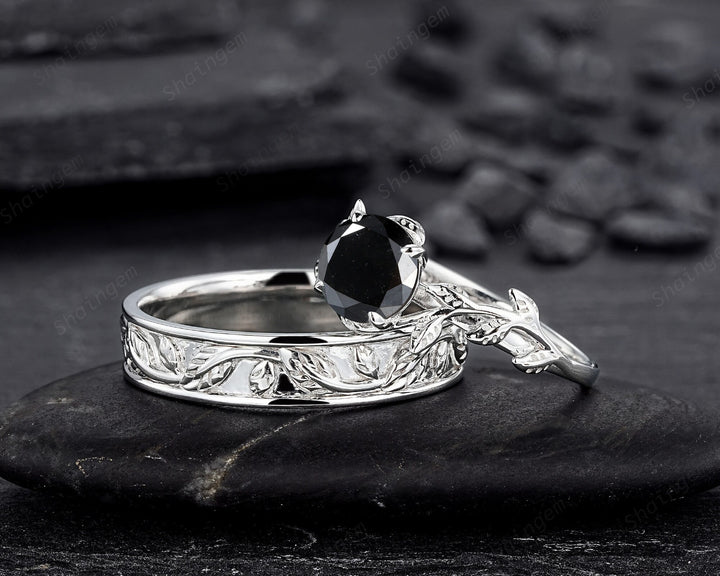 Platinum His and Hers Natural Black Diamond Engagement Ring, Men's Wedding Band, Women's Matching Band, 18K White Gold Leaf Couple Ring Set - ShainJewelry