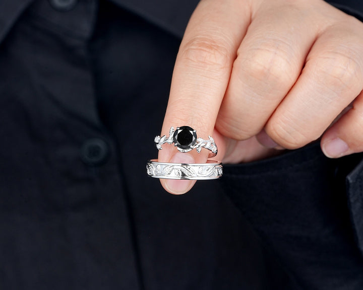 Platinum His and Hers Natural Black Diamond Engagement Ring, Men's Wedding Band, Women's Matching Band, 18K White Gold Leaf Couple Ring Set - ShainJewelry