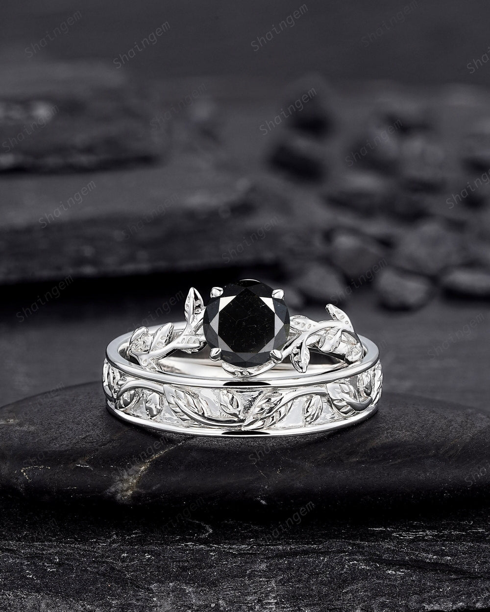 Platinum His and Hers Natural Black Diamond Engagement Ring, Men's Wedding Band, Women's Matching Band, 18K White Gold Leaf Couple Ring Set