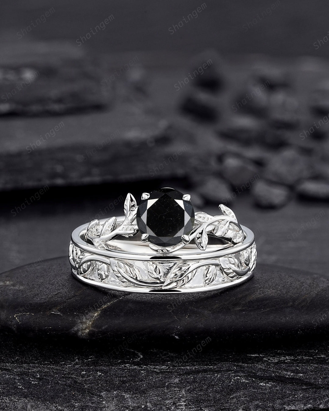 Platinum His and Hers Natural Black Diamond Engagement Ring, Men's Wedding Band, Women's Matching Band, 18K White Gold Leaf Couple Ring Set - ShainJewelry