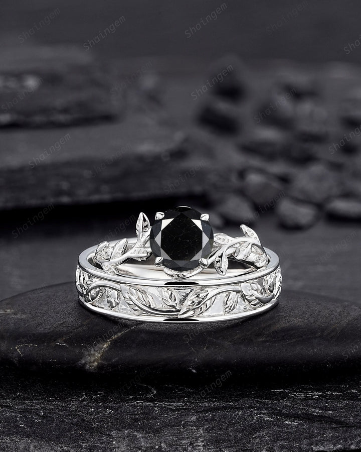 Platinum His and Hers Natural Black Diamond Engagement Ring, Men's Wedding Band, Women's Matching Band, 18K White Gold Leaf Couple Ring Set - ShainJewelry