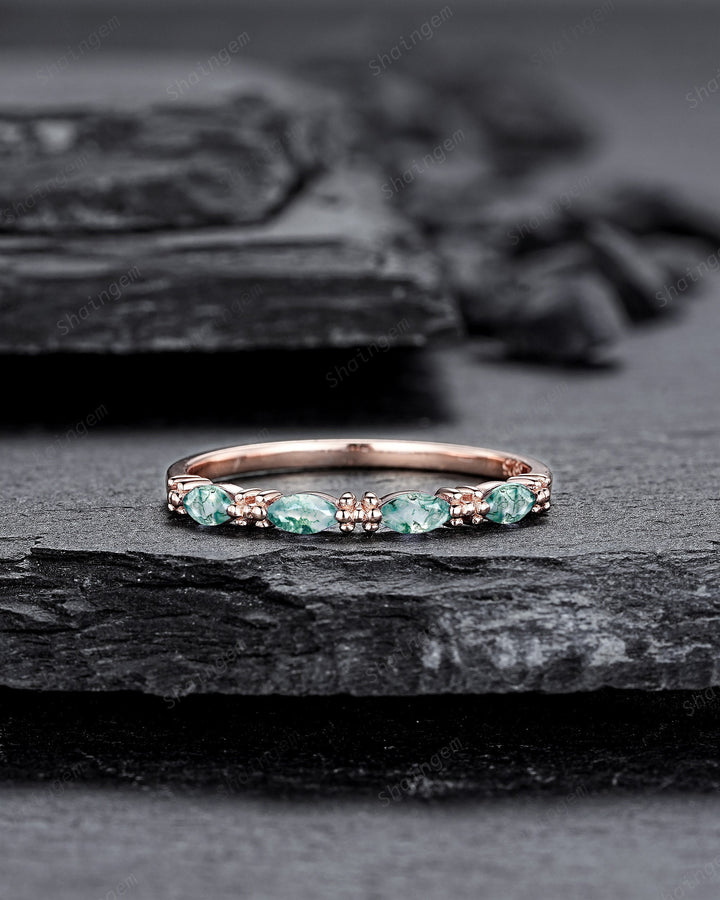 Vintage Marquise Moss Agate Wedding Band, Half Eternity Engagement Ring, Four Stone Matching Band, Nature Inspired Promise Ring Gift for her - ShainJewelry
