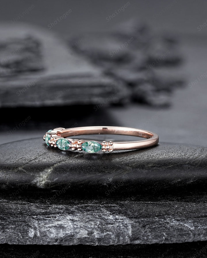 Vintage Marquise Moss Agate Wedding Band, Half Eternity Engagement Ring, Four Stone Matching Band, Nature Inspired Promise Ring Gift for her - ShainJewelry