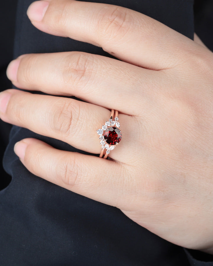 Vintage Natural Garnet Engagement Ring Set, 14K Rose Gold Round Cut Garnet and Moissanite Promise Ring, Garnet Wedding Ring Gift for Women - ShainJewelry