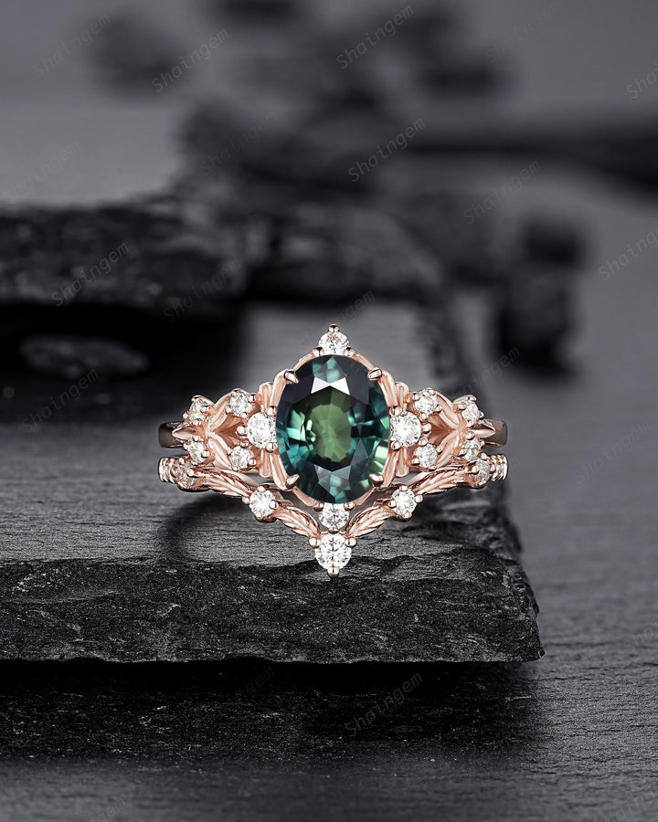Vintage Natural Teal Sapphire and Diamond Engagement Ring Set, 14K 18K Rose Gold Oval Shape Sapphire Promise Ring, Nature Inspired Leaf Ring - ShainJewelry